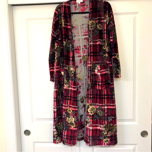 LulaRoe Velvety L Duster w/pockets-Holiday Reds white brown flower print! - Picture 9 of 11